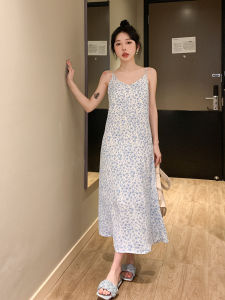 Gentle Breeze Blue Floral Print Halter Dress Womens Summer V-neck French Style Long Dress  Slimming Drapey Skirt