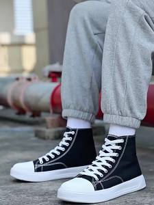 Cross-Border plus Size 2024 New Womens Shoes 45 Size Couples High-Top Canvas Shoes Lace-up Flat Bottom Casual Sneakers Women