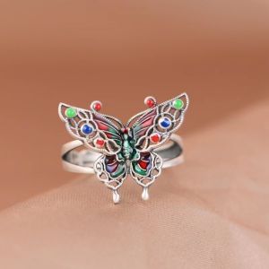 Elegant S925 Sterling Silver Enamel Butterfly Ring Trendy National Style Small Classical Butterfly Flower Love Ring Band