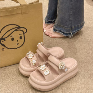 รองเท้าแตะส้นสูงแบบสวมหัวสีพื้นสำหรับผู้หญิง รองเท้าแตะชายหาดแบบสวมสบาย รองเท้าแตะฤดูร้อน รองเท้าแตะ PU ทรงส้นหนา