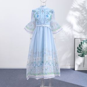 Loose Mid-calf Vintage Turtleneck Womens Dress Single Breasted Wrist Sleeve Print Female 2026 Spring Autumn Fashion Dresses