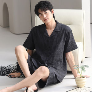 miiow | Mens Pure Cotton Sleepwear Short Sleeve Open Cardigan Set Breathable Comfortable Large Size Simple Home Clothes Summer Leisure