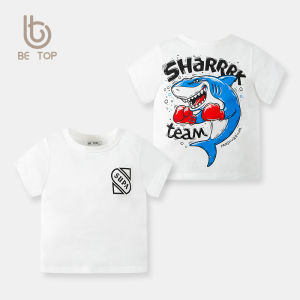 Childrens Summer New Style Cartoon Shark Print Short Sleeve T-Shirt Boys Sweatshirt Half Sleeve Korean Version Body Shirt