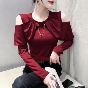 Yimei 2023 Dây chuyền thời trang hở vai Áo sơ mi mặc trong nữ chất lượng cao áo thun cotton gợi cảm Áo Tay Dài Kaki