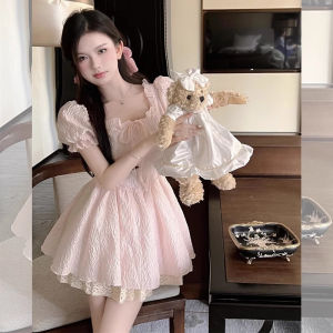 French Style Puff Sleeves Square Collar Dress Womens Summer Dress First Date Series Cute Sweet Waist Trimming A- line Bubble Short Skirt