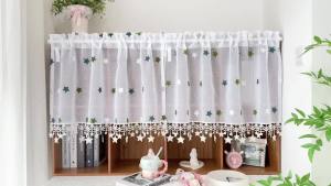 White Sheer Short Curtains Embroidered Star Fringe Elegant Tiered Valance for Bedroom Kitchen Decor Boho Cafe Window Treatment