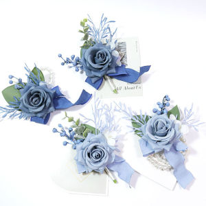 Dark Blue Boutonnieres for Wedding Artifical Flowers Corsage Bracelet Bridesmaids Groom Pins Handmade akcesoria ślubne