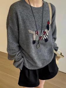 Áo Len Dệt Kim Dập Nổi Hình Chú Chó Cưng Rộng Rãi Cổ Tròn Hở Lưng Cho Nữ Mùa Thu Xuân Phong Cách Hàn Quốc Giảm Tuổi Tác