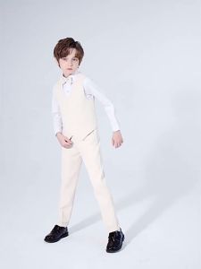 4pcs Formal Gentlemen Suit For Kids Boys 3-16 Yrs Outfit Tuxedo Blazer Jacket Pants Vest Bowtie Set Childrens Wedding Birthday Dresswear