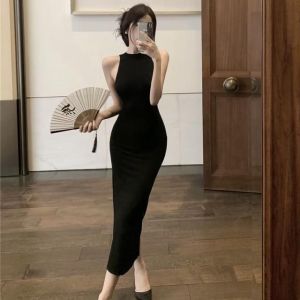 ชุดเดรสยาวทรงเข้ารูปเอวสูง แขนกุด คอวี สีดำ สำหรับผู้หญิง ชุดราตรี ชุดคลุมกันหนาว ชุดเดรสยาวคลุมเข่า ชุดเดรสยาวคลุมเข่า