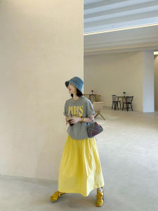 Korean Style Grey Casual Lazy Letter Print Short Sleeve T-shirt and Half Skirt Set for Women Summer MultiBAMA Yellow