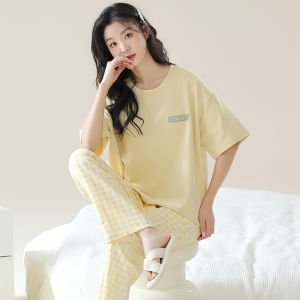 miiow | Cat Woman Summer Sleepwear Set Loose Fit Short Sleeve Long Pants Two Piece Casual Style Home Clothes For Young Women