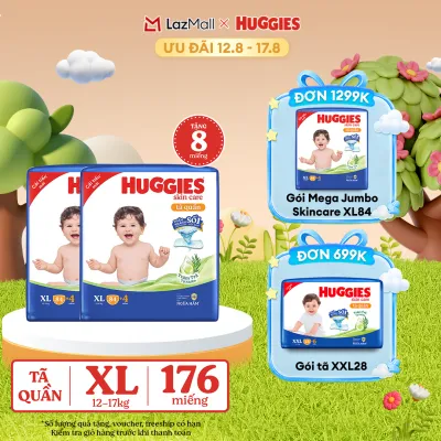 [12-17.08 GIẢM THÊM 90K] Combo 2 Gói Tã/bỉm quần HUGGIES SKINCARE MEGA JUMBO size XL84+4 miếng