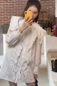 ชุดเดรสคอตั้งแขนยาวสีขาวสไตล์ฝรั่งเศส ทรงเอ ผ้าผสมคอตตอนและโพลีเอสเตอร์ ชุดทำงานฤดูใบไม้ร่วง/ฤดูหนาว