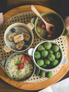 Retro Ceramic round Bowl Double Earths Simple Japanese Style Breakfast Rice Salad Bowl Home Use Oven Safe Pure Color Dinnerware