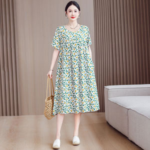 plus Size Cotton Silk Dress Casual Short Sleeve for Older Women Summer New Style Midi Skirt A-Line Silhouette Soft Draped Fabric