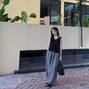 กางเกงขายาวทรงหลวมสไตล์เกาหลีลายสก็อตสีดำขาวสำหรับผู้หญิง ทรงหลวมสบาย ๆ ทรงตรง ทรงยาวถึงพื้น เหมาะกับฤดูใบไม้ผลิและฤดูร้อน