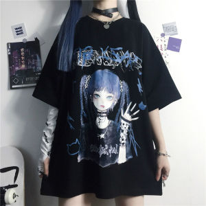 Dark Style Womens T-shirt Summer Subculture Anime Print Short Sleeve Y2K Millennium Graffiti Casual Loose Fit Cotton Top