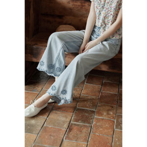seemon | Quần Jeans Thẳng Hàn Quốc Mùa Hè Phong Cách Dân Dã Cao Waist Rộng Chân Xanh Thêu Hoa Văn Đục Lỗ