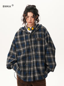 BWKA American Retro Striped Hooded Shirt Loose Fit Womens Mens Autumn New Trendy Brand Versatile Shirt Casual Style Button Detail