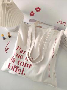 Trendy Canvas Shoulder Bag for Women Large Capacity Shopping Bag Student Class Bag Letter Print Soft Handbag Magnetic Buckle Closure