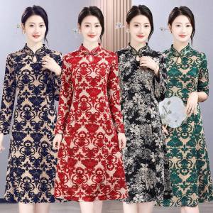 Spring Autumn New Style Ethnic Vintage Knee-Length Midi Dress for Middle-Aged And Elderly Mothers Improved Cheongsam Skirt