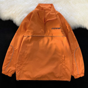 Reflective Loose Fit Mens Hoodie Jacket Half Zipper Trendy American Style Casual Outerwear Ideal for Youth Autumn Spring