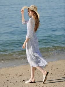 XIANGYING | Beach Vacation Tencel Dress French Square Neck Printed