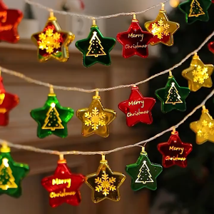 【Happy Time】2M 10 LED Christmas Ball Star String Lights Red Green Fairy Lights Battery Powered Xmas Tree Garland Holiday Party Home Indoor Bedroom Balcony Wall Decorative Lighting Decoration