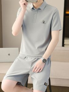 ROMON | Lomond Mens Casual Sports Set Summer Thin Ice Silk Short Sleeve Polo Shirt Matching Shorts Trendy Two-Piece Suit Polyester Fiber
