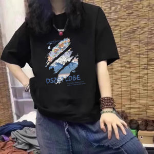 plus Size Womens Cotton Short Sleeve T-Shirt Loose Fit Summer Slimming Trendy Brand Korean Style round Neck Top in Royal Blue