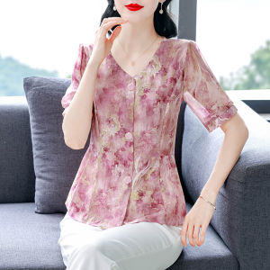 DAIXIANGFEIZI | Áo Blouse Chiffon Hoa Phong Cách Slim Fit Cổ V Cho Mẹ