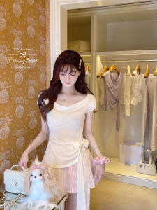 CreamySweet Original Asymmetric Butterfly Knot Short Sleeve T-Shirt Womens Wool Lyocell Beautiful Collar Top Korean Style Summer Moisture Wicking Slim Fit Pure Color