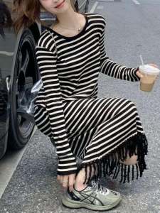 Early Autumn Knee-Length Knitted Dress Womens Inner Wear Long Sleeve Striped Base Layer Dress High Waist A-Line H-Style