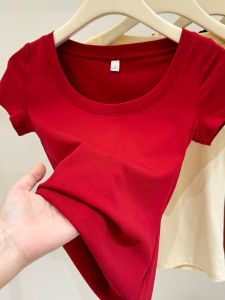 เสื้อยืดคอกลมแขนสั้นผ้าฝ้ายแท้สีแดงสำหรับผู้หญิงในช่วงฤดูร้อนปี 2025 เสื้อแขนสั้นทรงเข้ารูปเข้ารูปสไตล์ใหม่ เสื้อยืดคอกลม