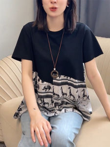 Color Block Cat Print Loose Fit round Neck Short Sleeve T-Shirt Womens Summer New Design Base Shirt Top High Waist Straight Cut