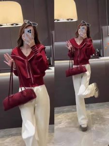 Ankela Red Navy Collar Knitted Sweater Womens Short Style Korean Fashion Age-Defying All-Match Autumn Winter New Arrival