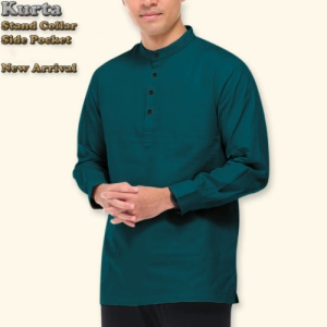 Elegant Baju Lelaki Beige Mens Long Sleeve Shirt with Button Placket and Side Slits