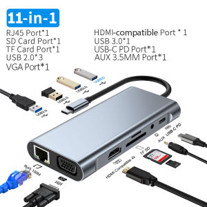 Kebidumei | 11-in-1 Type-C Docking Station USB 3.0 HUB USB C Splitter Type C to 4K HDMI VGA PD RJ45 100M Network Adapter for Laptop Macbook