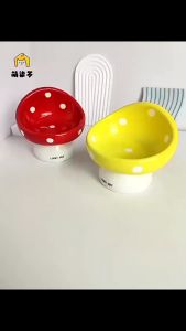 【COD】Pet Ceramic Bowl Mushroom Shaped Cat Drinking Bowl Protect Cervical Spine High Feet Oblique Dog Bowl
