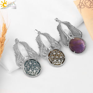 CSJA Amethysts Natural Stone Pendant Reiki Women Angel Wings Necklaces Flower of Life Necklace Wrapped Crystal Angel Caller G800