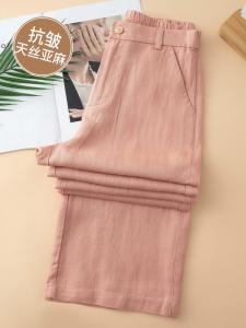 กางเกงขายาวทรงหลวมผ้าลินินลายทางสีชมพูสำหรับผู้หญิง กางเกงขายาวทรงตรงบางสบาย ๆ ระบายอากาศได้ดี ทรงหลวม ทรงสลิม ทรงหลวม