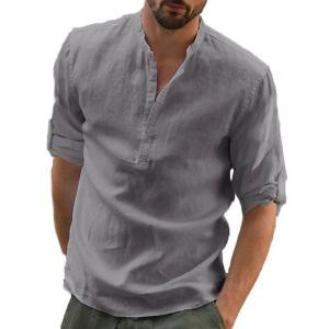 KB New Mens Casual Cotton Linen Shirt Loose Fit Autumn Polo Collar Fleece Lined Thickened Nine-Quarter Sleeve Blouse