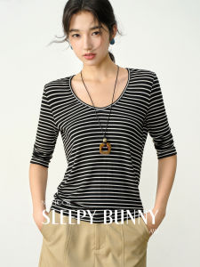 Rayon Wool Stripe T-shirt Slim Fit Stretch