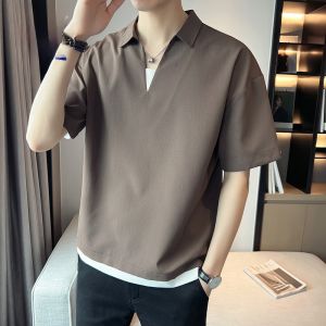 ROMON | Lormen Mens Ice Silk Polo Shirt Summer Thin Short Sleeve V-neck Casual Fashion Standard Fit Business Casual With Collar Top