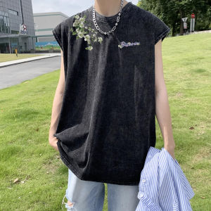 Washed Pure Cotton Vest Mens Summer Trendy Loose Casual Sports Basketball Shoulder T-Shirt Breathable round Neck Short Sleeve