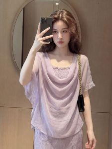 YIKEMAI | Purple Lace Blouse with Floral Edges and Spaghetti Straps Plus Size Summer Top