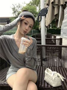 Low Neck V-Neck Long Sleeve T-Shirt Womens Casual Style Loose Fit Wool Lyocell Material Slimming Effect Autumn New Arrival