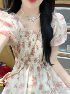French Floral Summer Dress Womens A-Line Skirt Bubble Sleeve Tea Break Sweet Innocent First Love Long Dress Elegant Personality