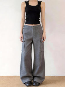 MANMI | Retro Workwear Wide Leg High Waist Multiple Pockets Design Womens Trousers